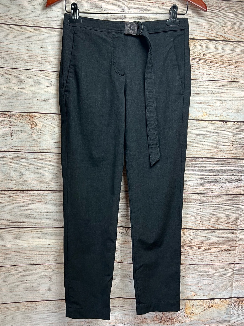 Brunello Cucinelli Monili Belted Wool Tapered Leg Trousers Pant IT 36 US 0 Black